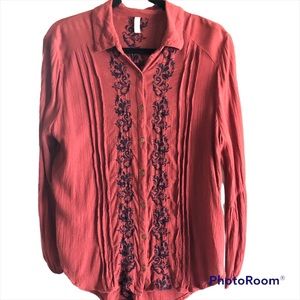 Free People Rust Embroidered Long Sleeve Button Down Small